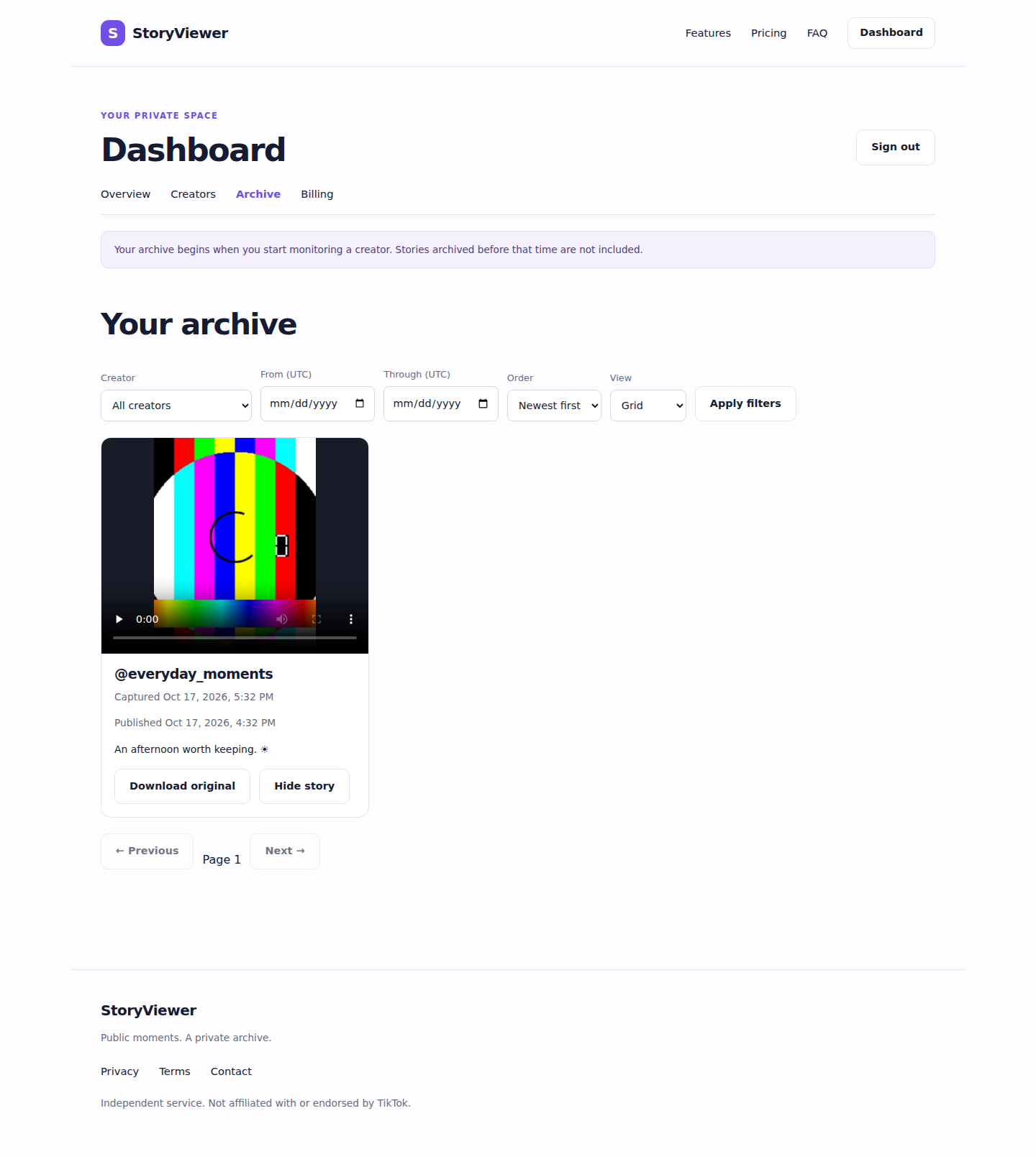 StoryViewer archive interface with creator filters and captured media cards