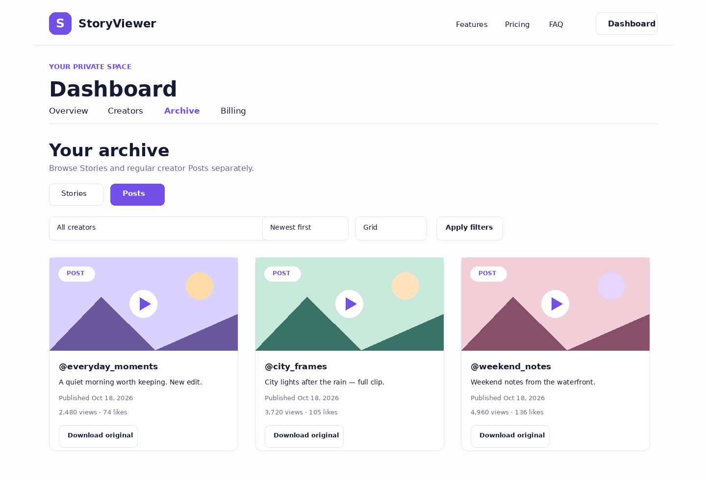 StoryViewer Posts archive with the Posts tab selected, captions, published dates, and engagement details