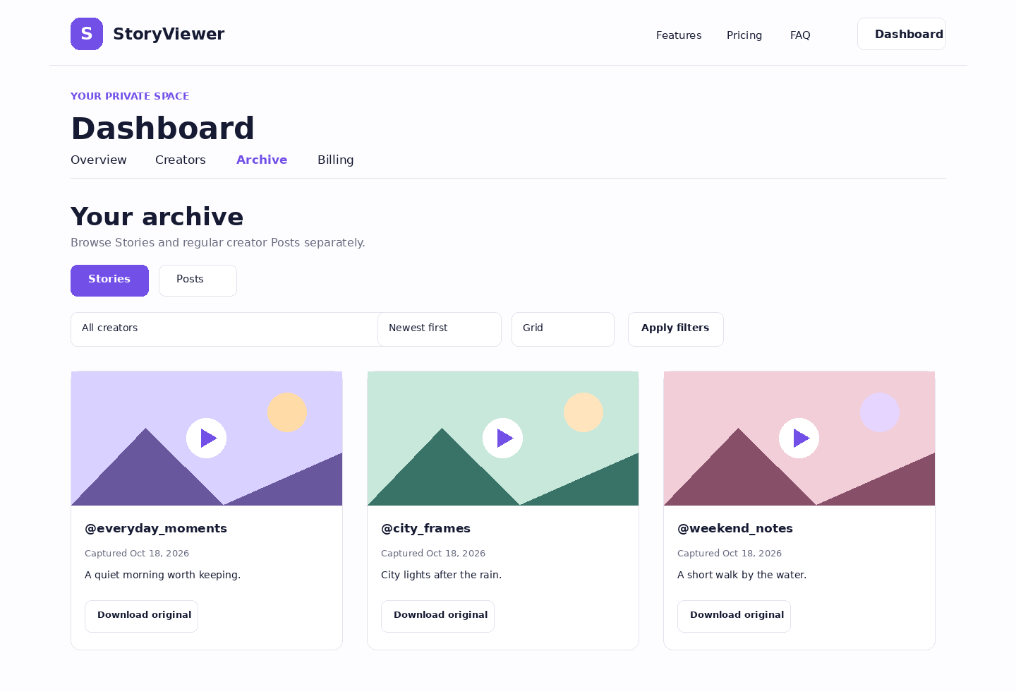 StoryViewer Stories archive with the Stories tab selected and three captured Story cards